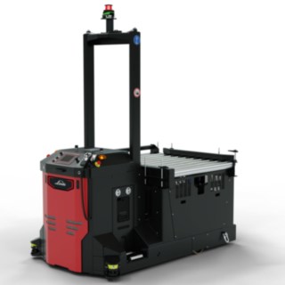 Linde MH-i juhita transpordisõiduk I-MATIC CT core, mis on mõeldud kaupade vastuvõtmiseks ja transportimiseks konveierisüsteemist.